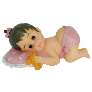 Vintage Rubber Baby Girl Doll Figurine with Pink Diaper & Pillow, Holding Toy Ai